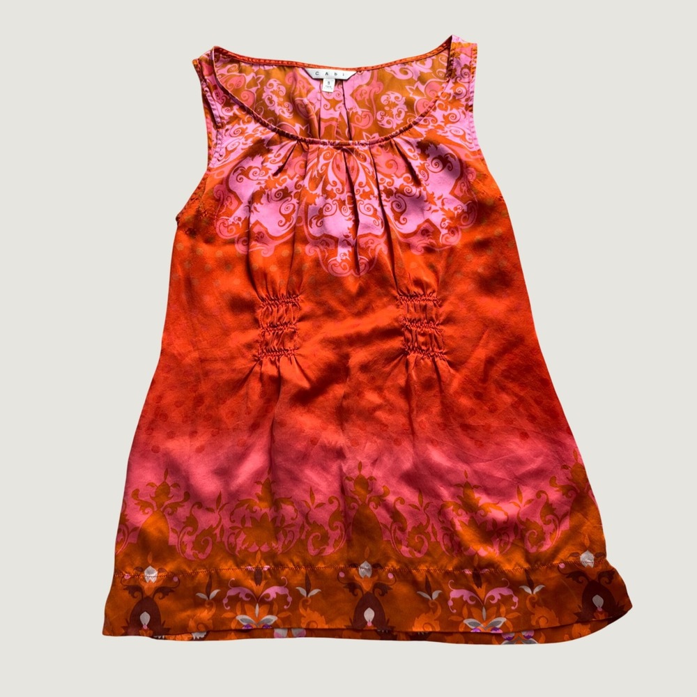 Cabi Silk Sleeveless Top S Paisley Damask Smocked Waist Orange Pink 90s Style